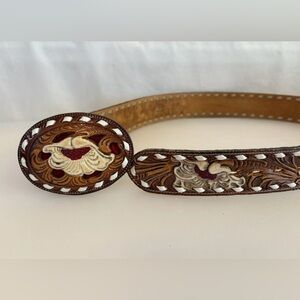 Vintage Tony Lama Brown Hand-Tooled Western Belt Red/Cream Inlay * Bob” Size 38